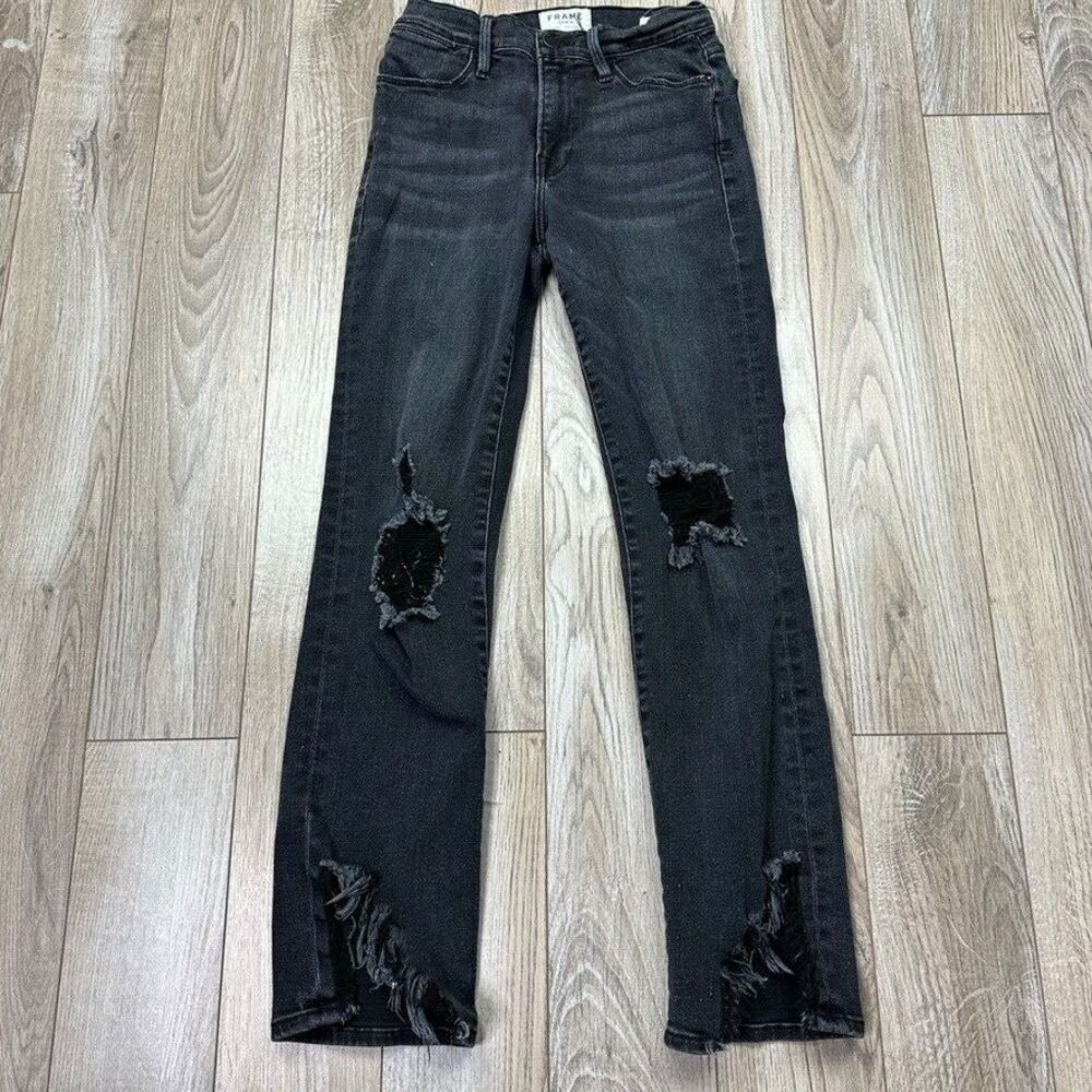 frame light straight jeans womens 25 black‎ distressed denim